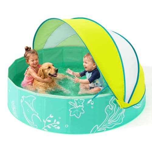 Hikiddy Foldable Kiddie Pool with Canopy: 31.5in/ 47in /63in for Baby Toddler Kids Family - Summer Water Play Pool with Shade - Portable for Outdoor Backyard Beach (Mint-Lemon, 47in)