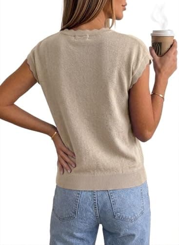 Jenisso Women Summer Sweater Cap Sleeve Lightweight Pullover Soft Knit Top with Scallop Wavy(Beige,XL) - Thumbnail 5