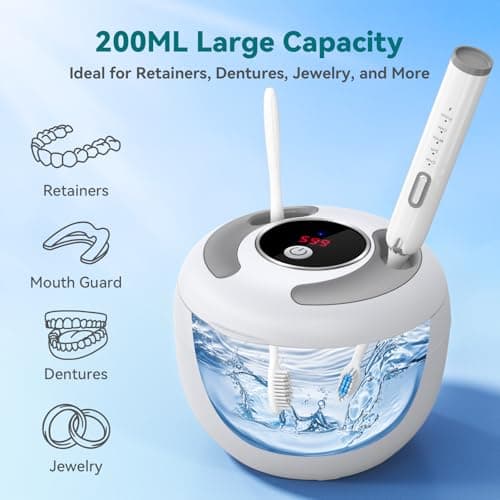 Dental Ultrasonic Retainer Cleaner Machine: 45kHz Dental Cleaning Pod for Denture, Mouth Guard, Night Guard, Aligner, Braces, Toothbrush Head & Jewelry, UV Cleaner with Digital Timer & 4 Modes, White - Thumbnail 6