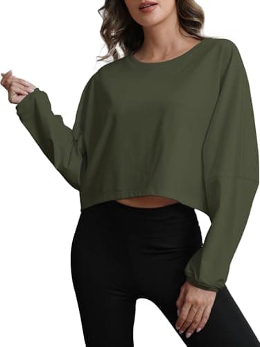 MATEAM Womens Cropped Sweatshirt Loose Fit Workout Tops - Crewneck Pullover Long Sleeve Casual Fashion Sweaters for Yoga Gym Fitness Army Green S - Image 1