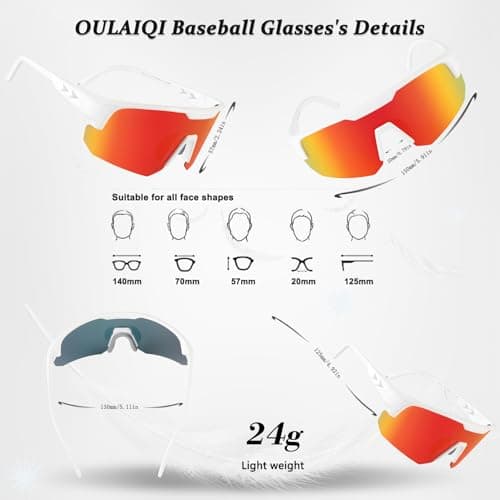 OULAIQI Polarized Sports Baseball Sunglasses, TR90 Lightweight Material, UV400 Unisex Cycling Glasses For Youth and Adults (WhiteRed) - Thumbnail 5