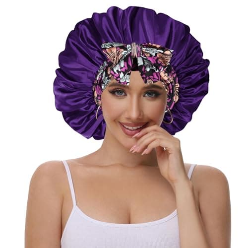 Vettres Silk Bonnet for Sleeping Straight Hair Satin Turban Hair Cover for Sleeping Silk Bonnet with Tie Purple Flower - Thumbnail 2