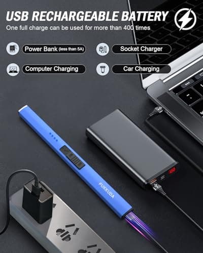 FUKKUDA Electric Candle Lighter with Safety Switch - USB Rechargeable Windproof & Flameless Plasma Arc Lighter for Easter Basket Stuffers (Sapphire Blue) - Thumbnail 6