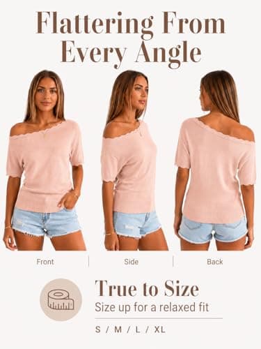 MONORA Off The Shoulder Tops for Women Short Sleeve Sweater Boat Neck One Shoulder Knit Pullover Lightweight Cinched Waist Fitted Going Out Shirts Spring Summer Pink - Thumbnail 6