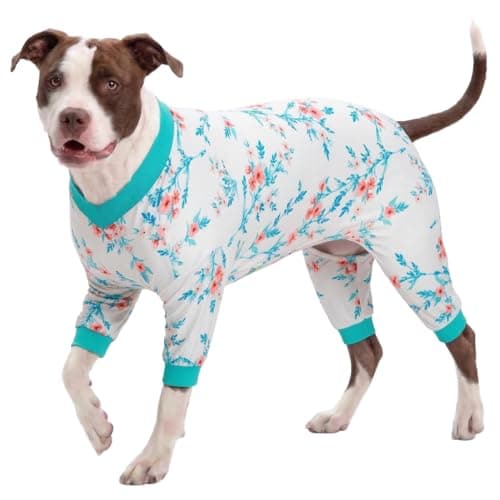 LovinPet Large Big Bodysuit for Dogs - Post Surgery Protection Dog Pjs,4 Legged Coverage Dog Onesie,Stretchable Lightweight, Bubbles and Floral White&Teal Print,Undershirt for Dog Sweaters,Blue Large - Image 1