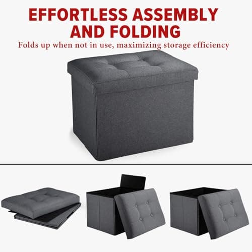 LINMAGCO Small Storage Ottoman Stool Foot Rest Stool Under Desk Stool Short Folding Ottoman Linen Cloth Dark Gray 17X13X13IN - Thumbnail 4