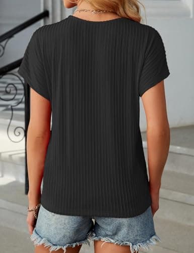 JUSTFASHIONNOW Womens Short Sleeve Tops Business Casual Tops for Women Crew Neck Basic Tees Textured Work Shirts Office Outfits(Black,M) - Thumbnail 4