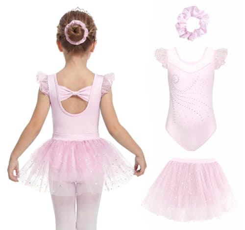 Girls Ballet Leotards 3 Pcs Set Ruffle Sleeve Dance Dress with Removable Tutu & Scrunchy Bow Back Combo Size 9-10 Pink - Image 1