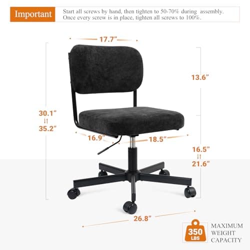 VATROS Vanity Chair with Wheels, Cute Armless Desk Chair with Back, Height Adjustable Swivel Small Office Chair, Comfy Fabric Computer Task Chair for Bedroom, Study, Dressing Room Black - Thumbnail 2