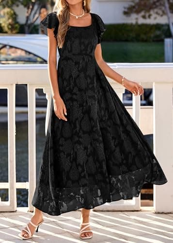KIRUNDO Cocktail Dresses for Women Elegant Wedding Guest Summer Formal Maxi Lace Floral Slit Prom Party Bridesmaid Dress (Black, Small) - Thumbnail 2