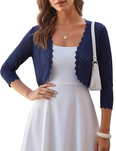 GRACE KARIN Womens Crochet Cropped Cardigan Sweater 3/4 Bolero Open Front Shrugs for Women Dresses(Navy Blue,2XL) - Image 1