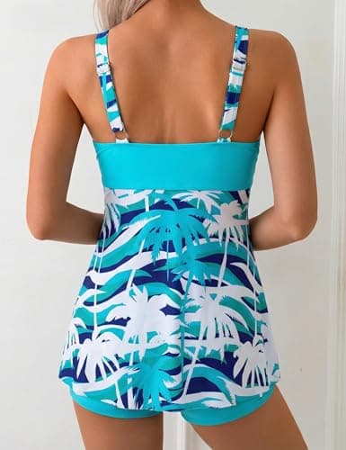 Firpearl Ladies Swimsuits for Older Women Tummy Control Two Piece Modest Bathing Suits Flowy Skirt Top with Boyshorts L/US10-12 Sky Blue - Thumbnail 4