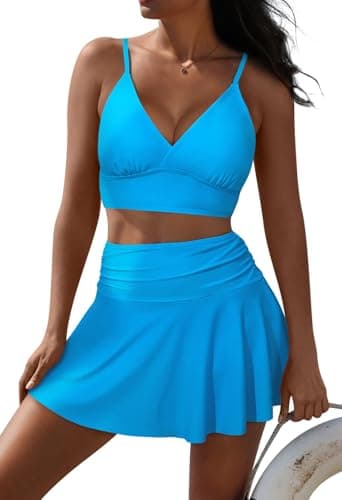Women High Waisted Tankini Bathing Suit Tummy Control 2 Piece Bikini Crop Top Swimsuits Sports V Neck Light Blue XL - Image 1
