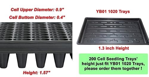 RooTrimmer 10 Pack 200 Cell Seed Starter Trays- Thick Durable Plastic Nursery Flats with Drainage Holes for Seedlings, Propagation, Seed Germination, Fits YB01 Shallow 1020 Trays 1.3" Height - Thumbnail 3