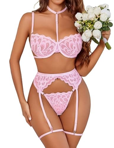 Avidlove Sexy Lingerie Set Choker Floral Lace Sheer Underwire Push Up Garter Belt 3 Piece Bralette And Panty Sets Pink
