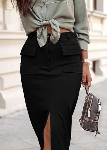 KIRUNDO Midi Skirts for Women Summer Fall High Waisted Cargo Trendy Pencil Slit Dressy Casual Business Work Long Skirt(Black, X-Large) - Thumbnail 5