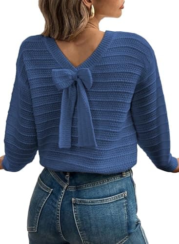 EVALESS Sweaters for Women Long Sleeve Fall Outfits 2026 Trendy Back Bow Knot Sweaters Round Neck Solid Fashion Clothes Knit Pullover Sweater Tops Blue Small - Image 1