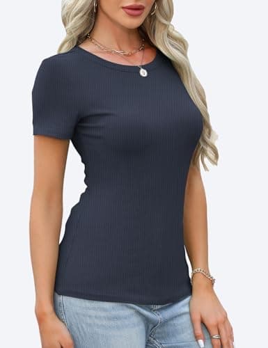 GKBK Womens Short Sleeve Tops Crew Neck Ribbed Fitted Tight Shirts Layering Top Basic Tee Tshirts Cute Summer Tops Casual Spring Clothes Outfits 2026 Trendy Navy Blue - Thumbnail 2