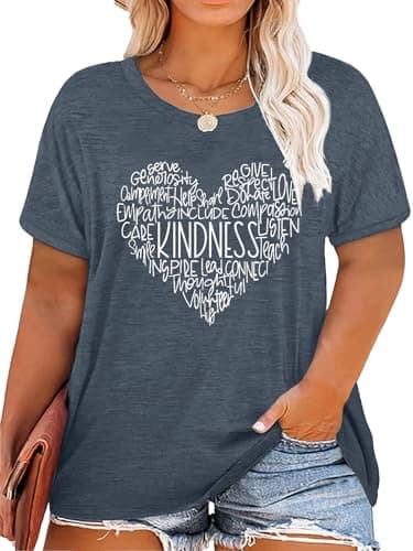 Anbech Women Plus Size Kindness Shirt Cute Heart Graphic Tees Short Sleeve Teacher Tops (Dusty, 4X)