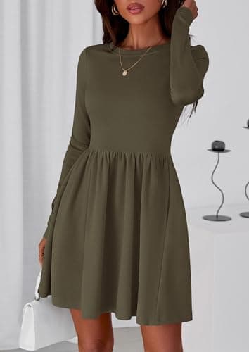 PRETTYGARDEN Women's Long Sleeve Mini Dresses 2026 Spring Casual Pleated A Line Party Cocktail Short Babydoll Dress with Pocket (Army Green,L) - Thumbnail 6