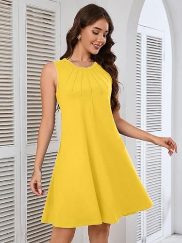 KORSIS Tank Dress for Women Elegant T-Shirt Summer Sleeveless Dresses Swing A Line Vacation Beach Sundress with Pockets Yellow L - Thumbnail 2