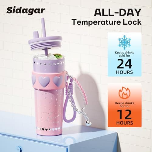 Sidagar 24 oz Stainless Steel Tumbler with Lid and Straw, Insulated Coffee Mug, Leak Proof, Portable Iced Travel Water Bottle, Reusable Thermal Coffee Cup Gift for Women, Purple - Thumbnail 5