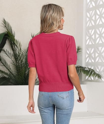 COSSEN Women's Cardigan Sweaters Rose Red X-Large V Neck Bolero Crop Coat Crochet Button Down Short Sleeve Short Tops Trendy Open Front Lightweight Jacket Summer Knit Cropped Shrug for Dress - Thumbnail 2