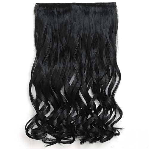 5 Clip in Hair Extensions Synthetic Thick Curly Wavy Hairpieces for Women 18 Inch Natural Looking 3/4 Full Head Clip on Hair Extensions Natural Black - Image 1
