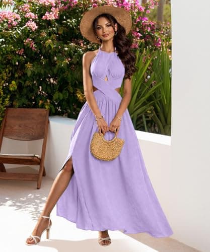 ABKY Women's Sexy Sleeveless Halter Neck Dress Criss Cross Tie Back Split Maxi Dresses Summer Beach Vacation Dress Light Purple S - Thumbnail 4