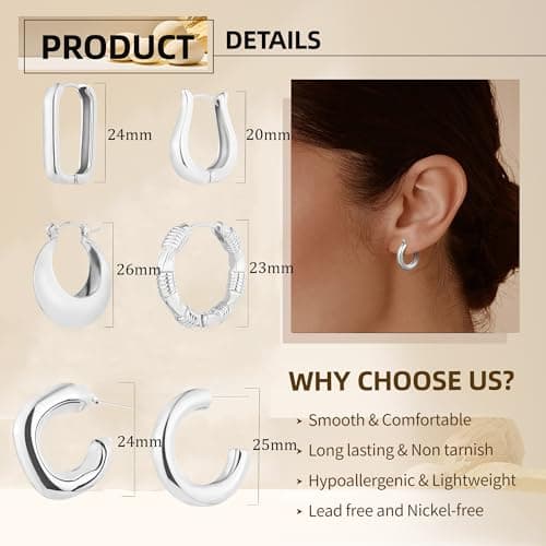 6 Pairs 14K Gold Plated Hoop Earrings for Women Lightweight Chunky Hoop Earrings Multipack Hypoallergenic, Thick Open Twisted Huggie Hoops Earring Set Jewelry for Gifts. (new silver hoops) - Thumbnail 5