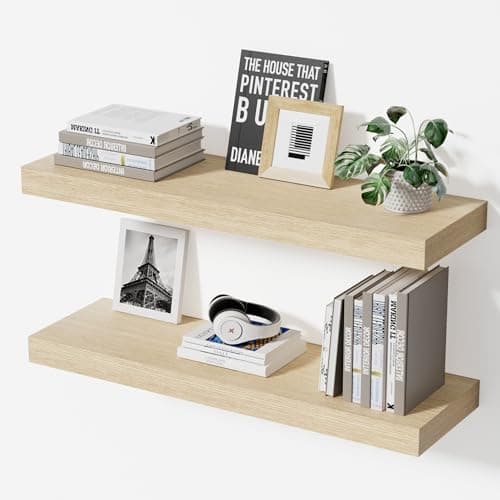 Modcraft Floating Shelves for Wall 24 Inch (Set of 2), 7.1" Deep Wide Wall Mounted Shelf for Bathroom Organizer Over Toilet, Modern Wood Storage Shelving for Bedroom Kitchen Living Room, Oak