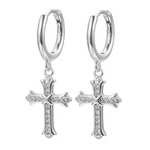 YOLYMODA Cross Dangle Drop Earrings for Women Men - Trendy Dainty Silver Dangly Huggie Hoop Earrings with Sparkling CZ, Chic Faith 925 Sterling Silver Post Jewelry Gift, 1.16" Long - Image 1