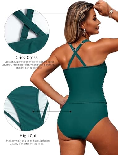 ZAFUL Tankini Swimsuits for Women Bathing Suits Ruched Full Coverage Slimming Two Piece Tummy Control Swim Suits Peacock Green XL - Thumbnail 5