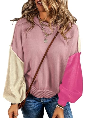 Dokotoo Oversized Sweaters for Women Crewneck Colorblock Long Sleeve Pullover Sweater Business Casual Knit Ribbed Jumper Tops Womens Fall Fashion 2026 Light Pink XX-Large - Image 1