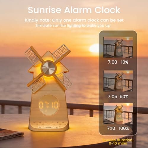 Sunrise Alarm Clock with Rotating Windmill, Easy Snooze Wake Up Light, 10 Natural Sounds & 10 White Noises, 4-Level Dimmer Bedside Night Light with 30/60/90 Min Timers, Sleep Aid Gift for Adults/Kids - Thumbnail 3