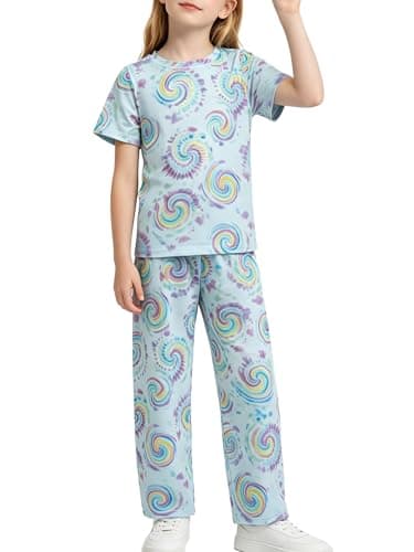 LUCKYLI Girls Summer Outfits Rainbow Spiral Tie Dye Style Short Sleeve Tops and Long Pants 2 Piece Fashion Clothing Sets 4-12Y (White/Rainbow, 9-10Y) - Image 1