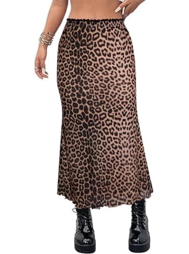 Avanova Women Leopard Cheetah Mesh Long Skirts High Waisted Mermaid Bodycon Midi Skirt Khaki Leopard Small - Image 1