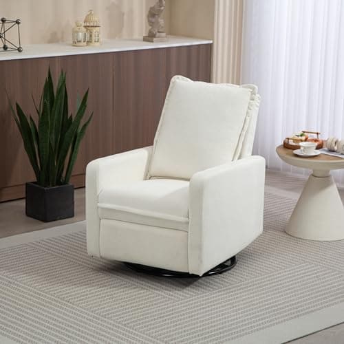 Fachmaih 360° Swivel Rocking Chair Nursery Glider Recliner Nursery Chair Manual Swivel Rocker Recliner with High Backrest Armchair Comfy Side Modern Chair for Living Room (White) - Thumbnail 2