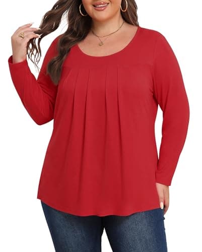 ZHUHOUSE Womens Plus Size Tunic Tops Long Sleeve Dressy Casual Cute Loose Pleated T Shirts Blouses(Red,5X-Large) - Image 1