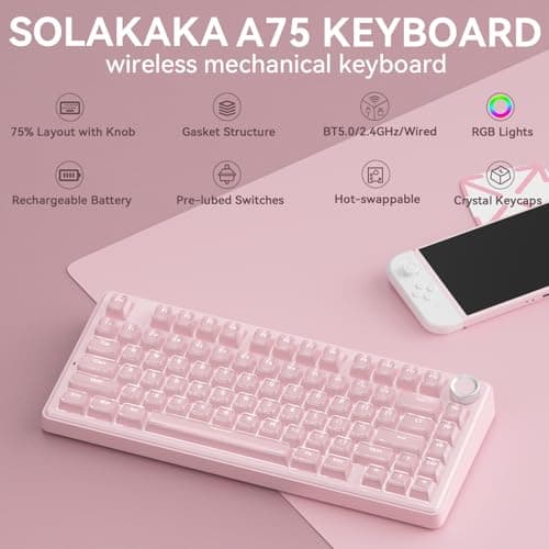 SOLAKAKA A75 Wireless Gaming Keyboard with Multifunction Knob, BT5.0/2.4GHz/USB-C, 75% Mechanical Keyboard, Hot-Swappable, Gasket Creamy Keyboard with RGB Backlit, Crystal Keycaps, for PC/Mac/PC - Thumbnail 2