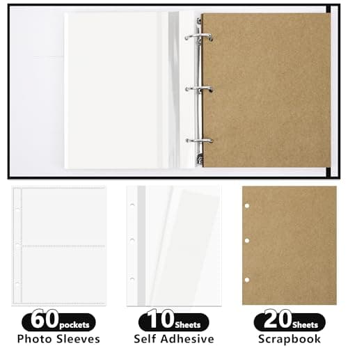 Vienrose Photo Album 4X6 60 Pockets, Linen Scrapbook Memory Book, 3 Ring Binder Album with 40 Writing Pages, and 20 Self-Adhesive Pages, Travel Family Wedding (Black) - Thumbnail 2