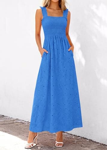 KIRUNDO Summer Lace Dress Vacation Outfits for Women 2026 Wedding Guest Dresses Maxi Beach Boho Sleeveless Cotton Sundress (Royal Blue, Medium) - Thumbnail 6