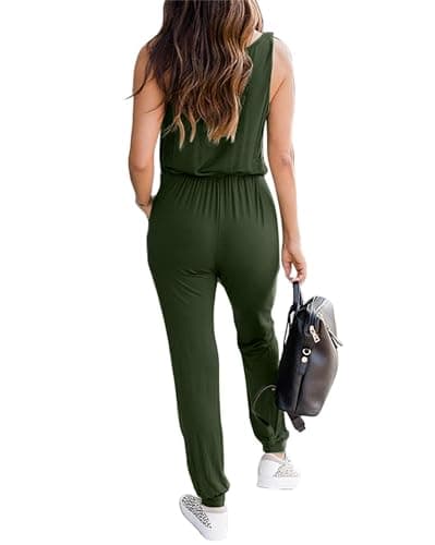 KIRUNDO Women 2025 Summer Jumpsuits Casual Sleeveless Drawstring Elastic Waist Romper Vacation Cruise Airport Travel Outfits(Small, Army Green) - Thumbnail 2