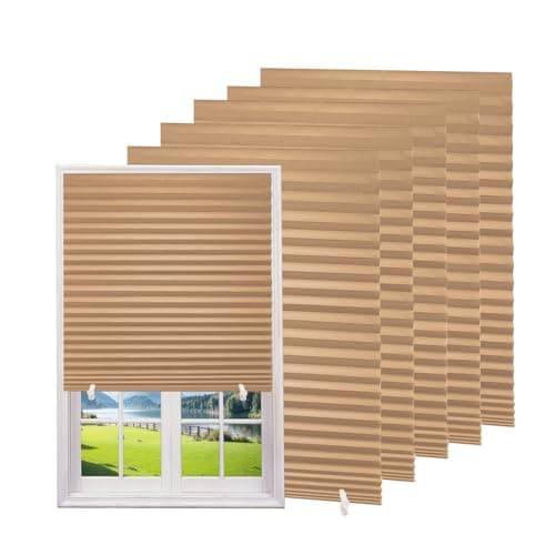 Changshade 6-Pack Temporary Light Filtering Paper Blinds for Window, Cut to Size Adhesive Paper Shades, Stick on Pleated Blinds,No Drill Easy Install,36" W x 72" H,Brown