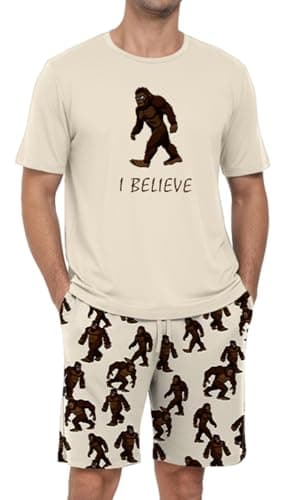 PrinStory Men's I Believe Pajama Set, Bigfoot Graphic Tee and Printed Shorts, Novelty Sleepwear Loungewear Set for Home, Sasquatch Gift, Cream XL - Thumbnail 2