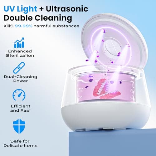 45kHz Ultrasonic Retainer Cleaner, 200ML Dental Cleaning Pod for Dentures, Mouth Guards, Braces, Aligner, Toothbrush Jewelry and More, UV Denture Cleaner with 4 Modes & Digital Timer - White - Thumbnail 4