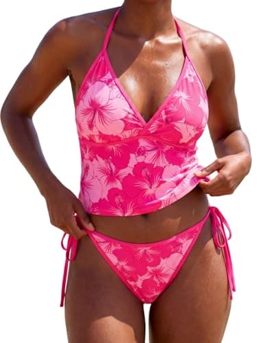 Jillumi Women's Tankini Swimsuits Two Piece Swimsuit Halter V Neck Cute Bathing Suit High Cut Side Tie Thong Swimwear Rose Red Flower S - Image 1