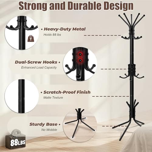 Outspurge Metal Coat Rack, Freestanding Coat Tree & Hall Tree with 15 Hooks, Sturdy Coat Rack Stand and Hat Rack, Coat Hanger for Entryway, Bedroom, Office for Jackets, Hats, Bags,Black - Thumbnail 5
