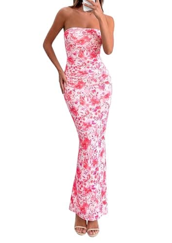 PRETTYGARDEN Bodycon Long Dresses for Women 2026 Strapless Tube Summer Floral Maxi Dress Sleeveless Back Slit Beach Outfits (Floral Pink,X-Large)