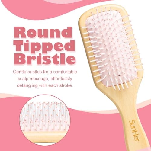 SunHer Wooden Hair Brush for Women - Detangling Hair Brush for Wet or Dry Use, Pink Hairbrush for Curly Hair Long Thick All Type Girls Kids Massage Scalp, Perfect for Gift - Thumbnail 3